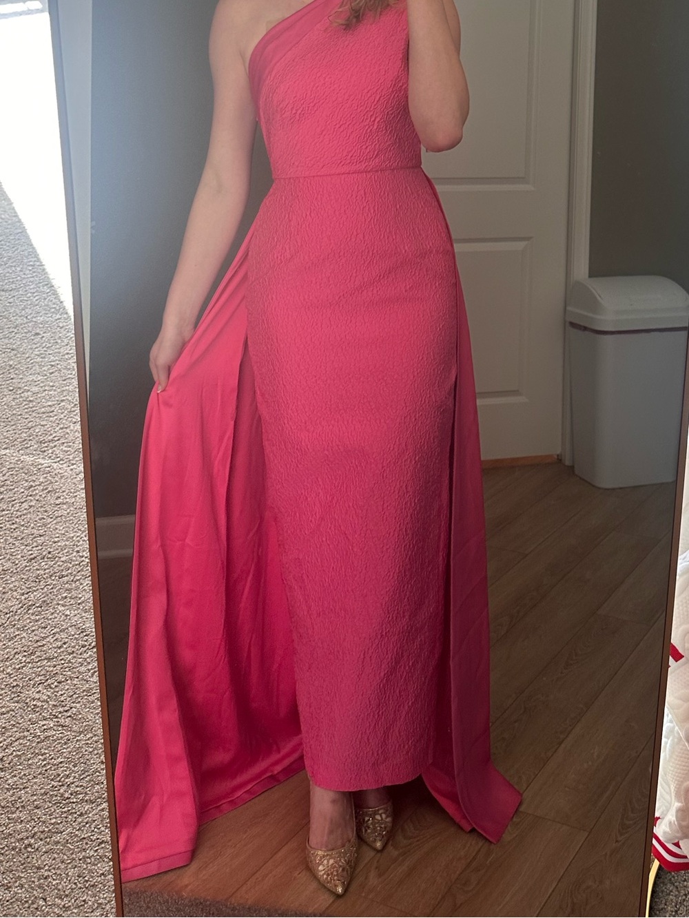 One-Shoulder Hot Pink Formal Gown with Draped Side Panel
